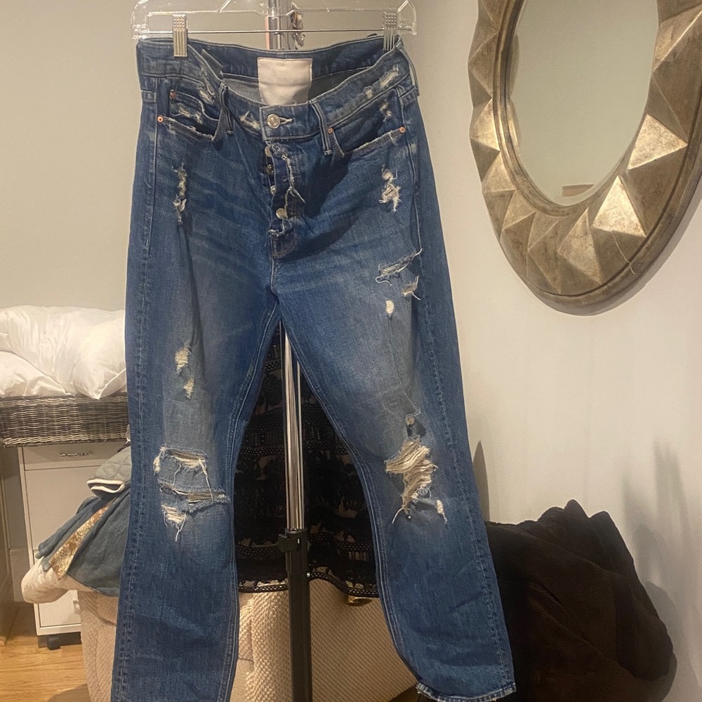 MOTHER Blue Distressed Straight Leg Jeans